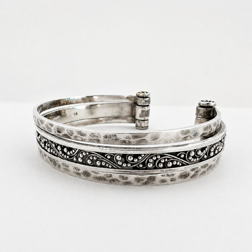Lois Hill Sterling Silver Hammered Cuff Bracelet 3 Band Bangle 36 grams